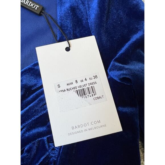 Bardot Xena Ruched Blue Velvet Mini Dress Size S US 4 Womens NWT Stretch Holiday - Picture 3 of 7
